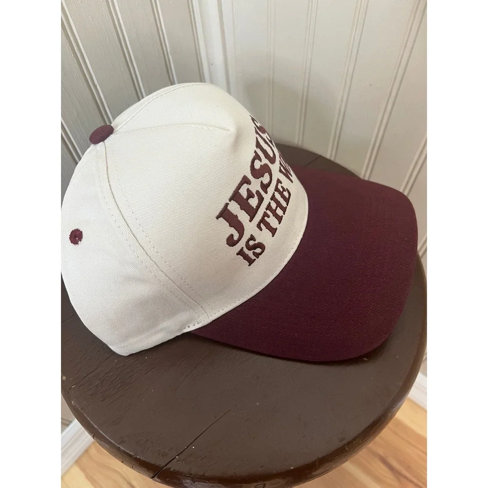 Jesus Is The Way Christian Baseball Cap Hat Cream Burgundy Embroidered Trucker